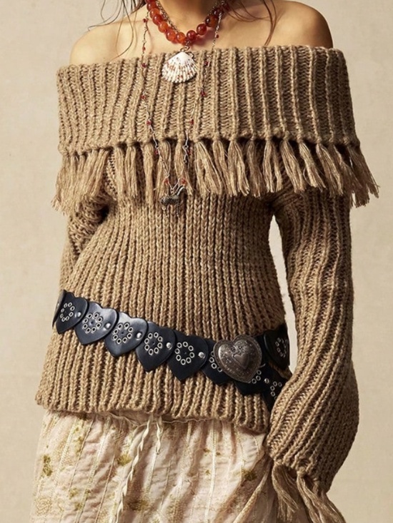 Sweaters - Classic Off Shoulder Foldover Fringe Detail Knit Sweater Top